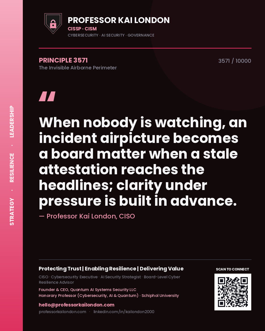 Quote card by Professor Kai London reading 'When nobody is watching, an incident airpicture becomes a board matter when a stale attestation reaches the headlines; clarity under pressure is built in advance.'. From the book The Invisible Airborne Perimeter.