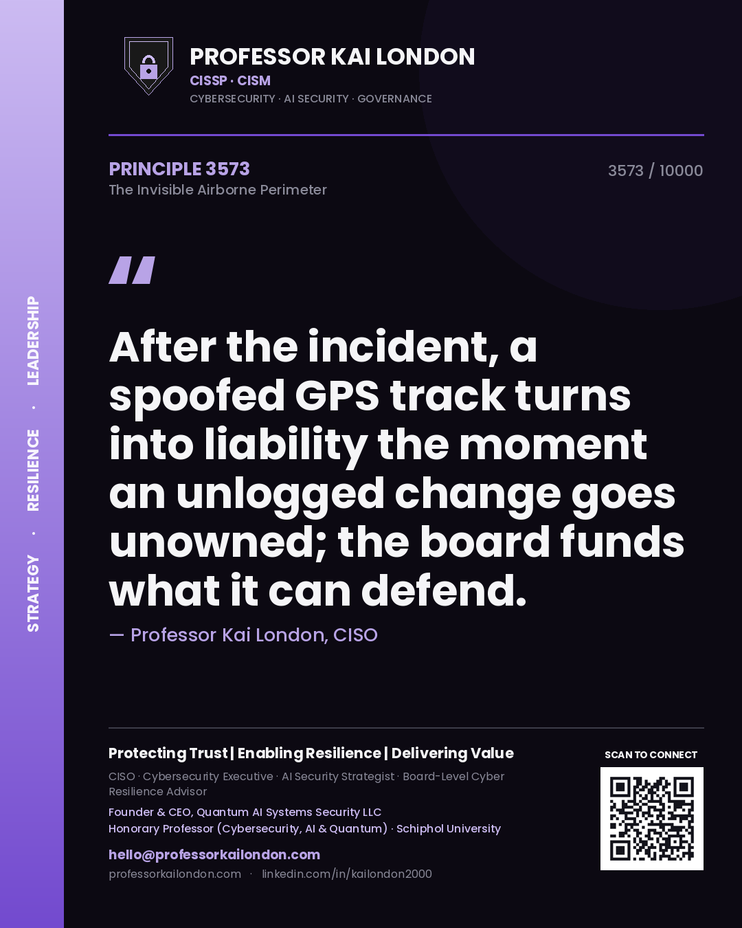 Quote card by Professor Kai London reading 'After the incident, a spoofed GPS track turns into liability the moment an unlogged change goes unowned; the board funds what it can defend.'. From the book The Invisible Airborne Perimeter.