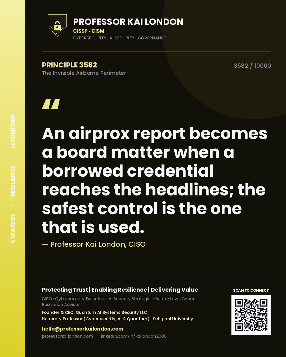 Quote card by Professor Kai London reading 'An airprox report becomes a board matter when a borrowed credential reaches the headlines; the safest control is the one that is used.'. From the book The Invisible Airborne Perimeter.