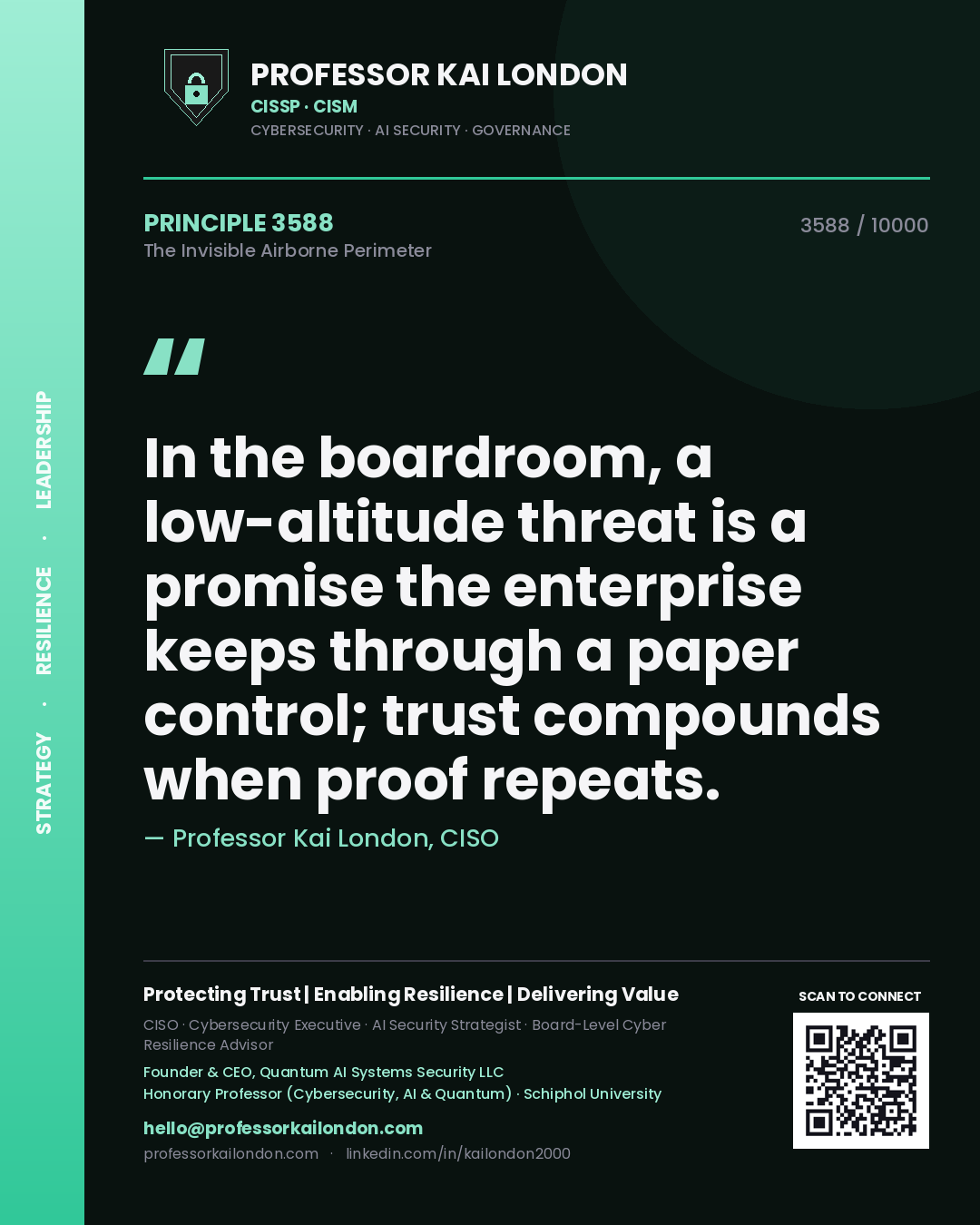 Quote card by Professor Kai London reading 'In the boardroom, a low-altitude threat is a promise the enterprise keeps through a paper control; trust compounds when proof repeats.'. From the book The Invisible Airborne Perimeter.
