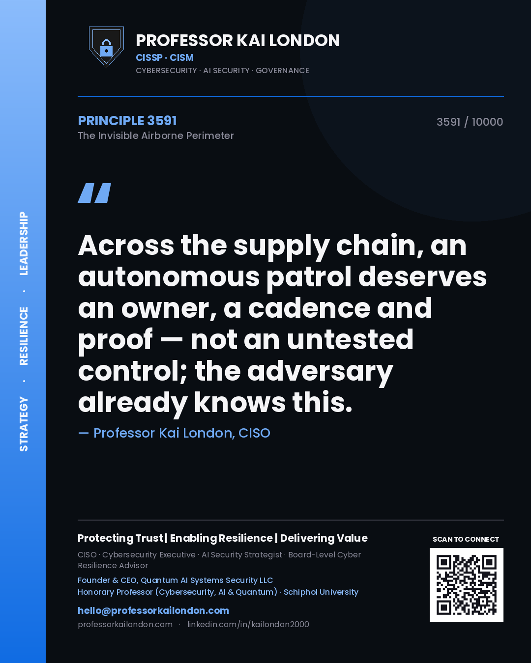 Quote card by Professor Kai London reading 'Across the supply chain, an autonomous patrol deserves an owner, a cadence and proof — not an untested control; the adversary already knows this.'. From the book The Invisible Airborne Perimeter.