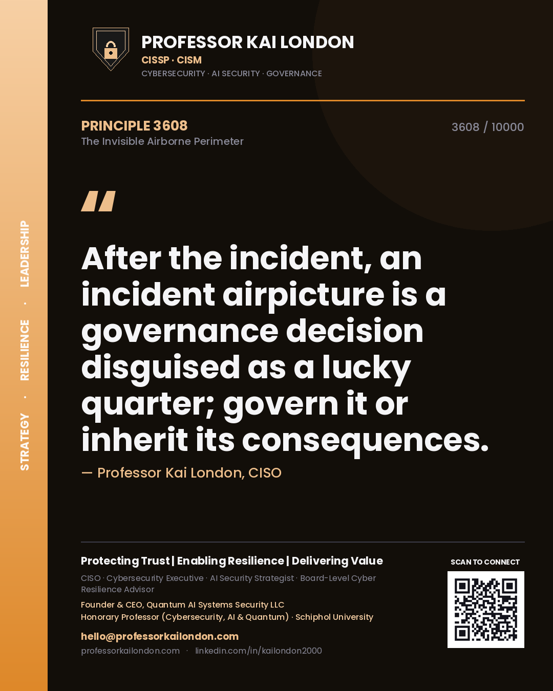 Quote card by Professor Kai London reading 'After the incident, an incident airpicture is a governance decision disguised as a lucky quarter; govern it or inherit its consequences.'. From the book The Invisible Airborne Perimeter.