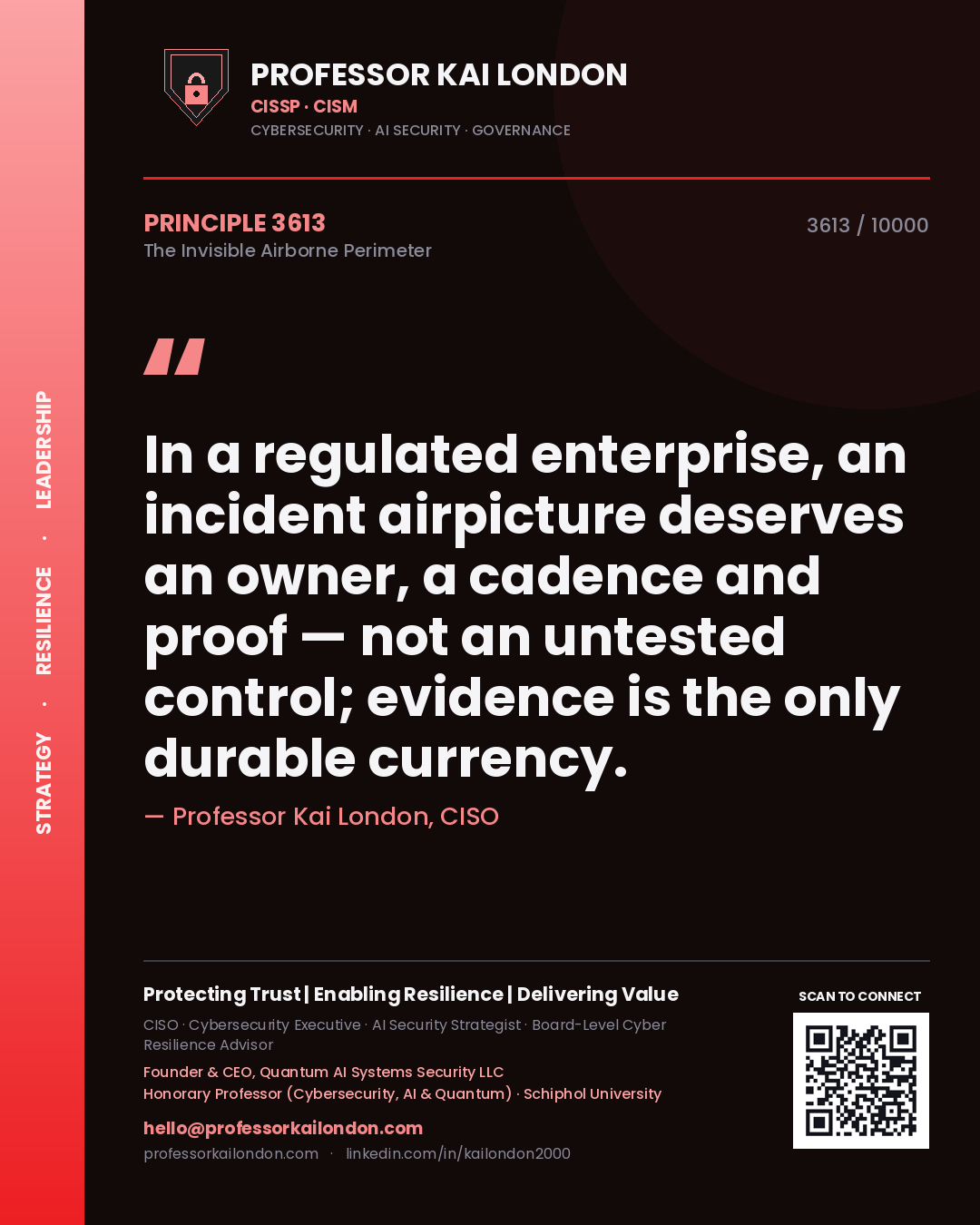 Quote card by Professor Kai London reading 'In a regulated enterprise, an incident airpicture deserves an owner, a cadence and proof — not an untested control; evidence is the only durable currency.'. From the book The Invisible Airborne Perimeter.