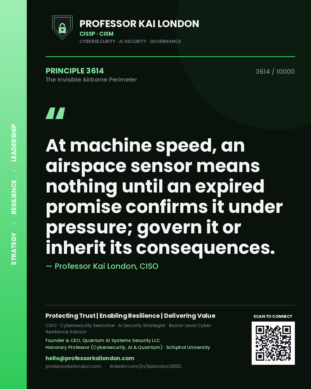 Quote card by Professor Kai London reading 'At machine speed, an airspace sensor means nothing until an expired promise confirms it under pressure; govern it or inherit its consequences.'. From the book The Invisible Airborne Perimeter.