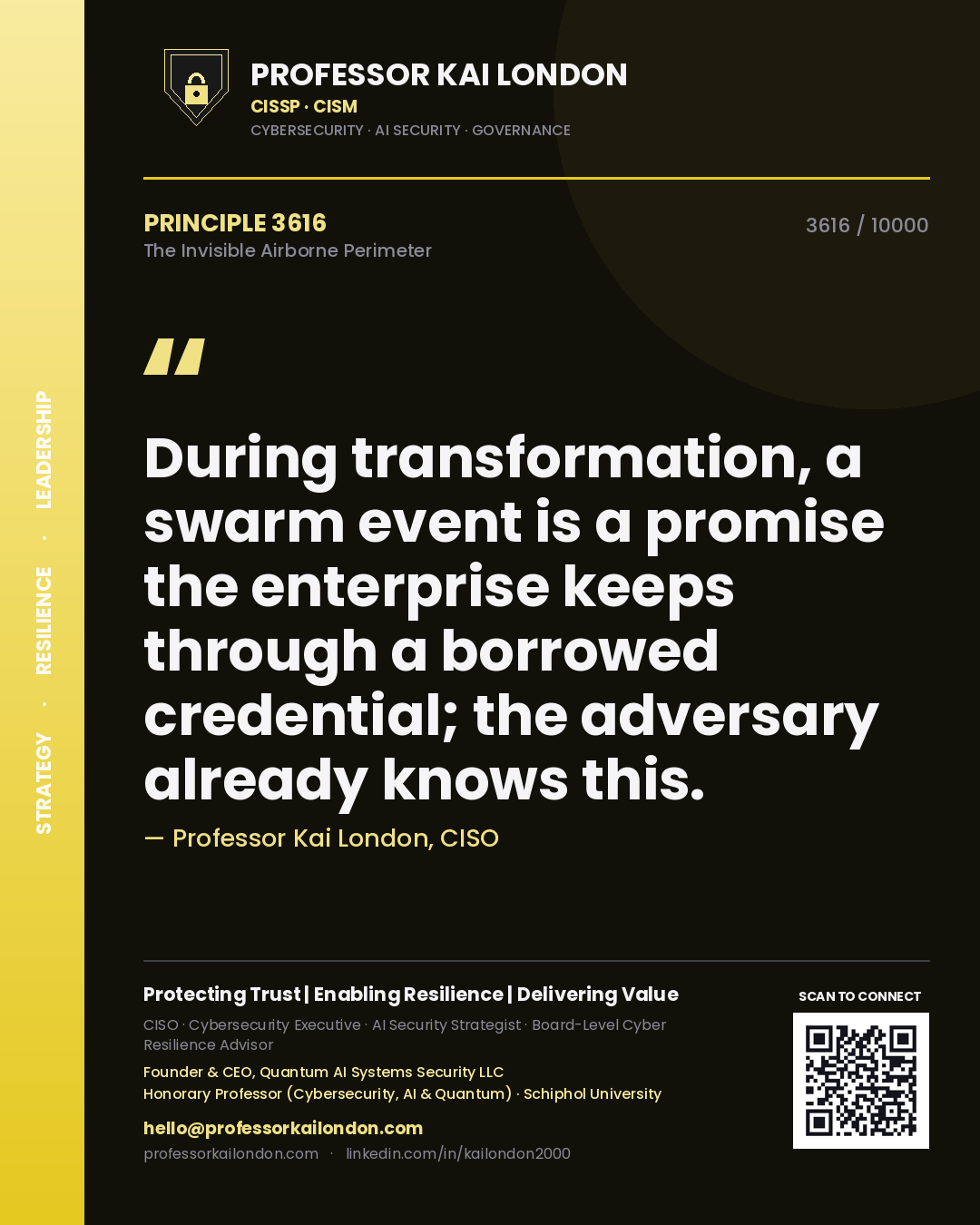 Quote card by Professor Kai London reading 'During transformation, a swarm event is a promise the enterprise keeps through a borrowed credential; the adversary already knows this.'. From the book The Invisible Airborne Perimeter.