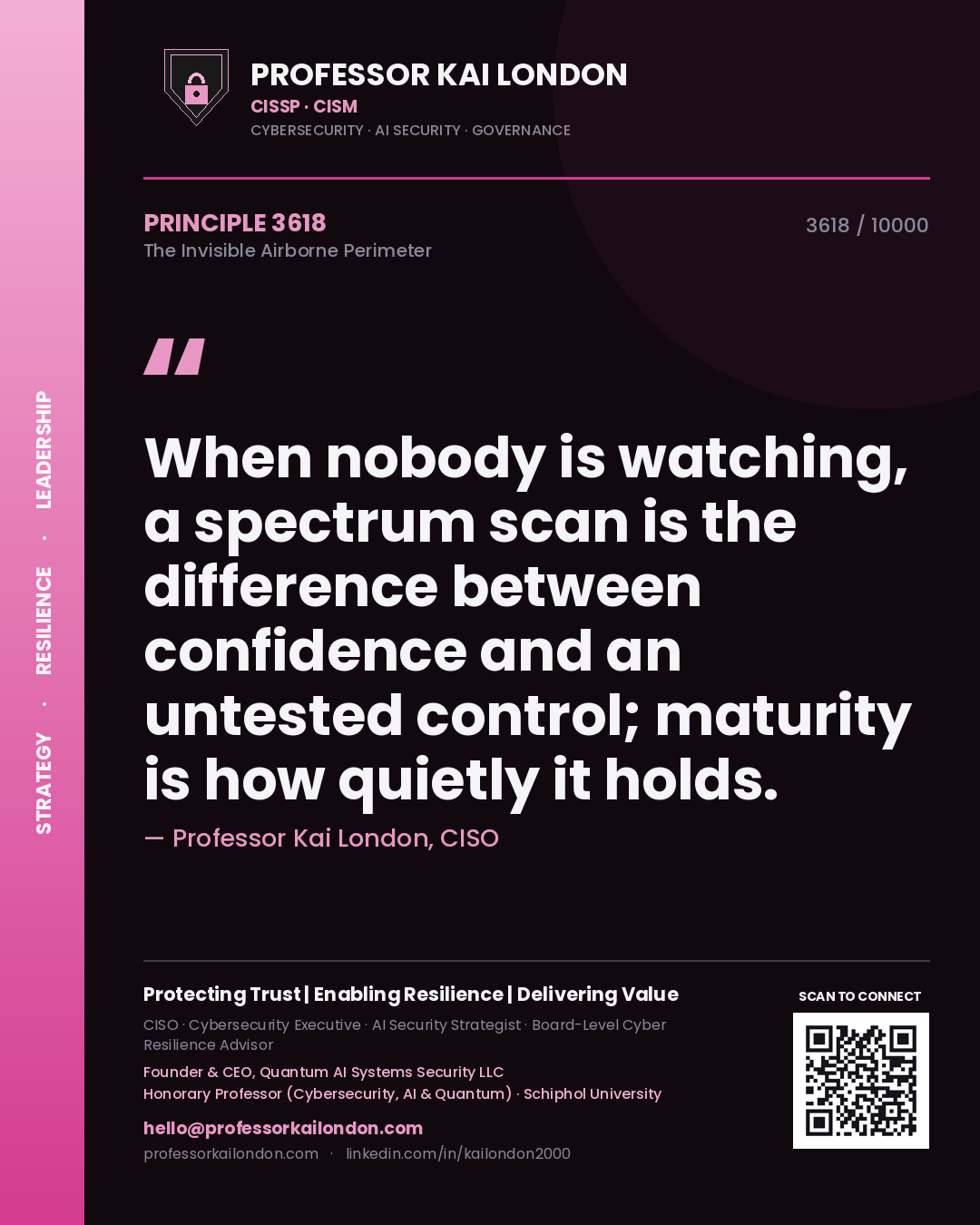 Quote card by Professor Kai London reading 'When nobody is watching, a spectrum scan is the difference between confidence and an untested control; maturity is how quietly it holds.'. From the book The Invisible Airborne Perimeter.