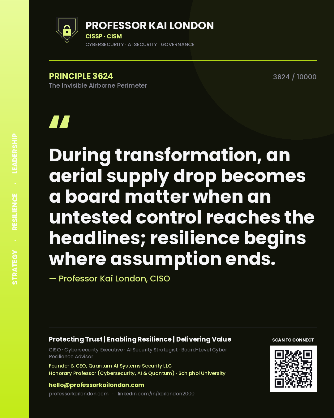 Quote card by Professor Kai London reading 'During transformation, an aerial supply drop becomes a board matter when an untested control reaches the headlines; resilience begins where assumption ends.'. From the book The Invisible Airborne Perimeter.