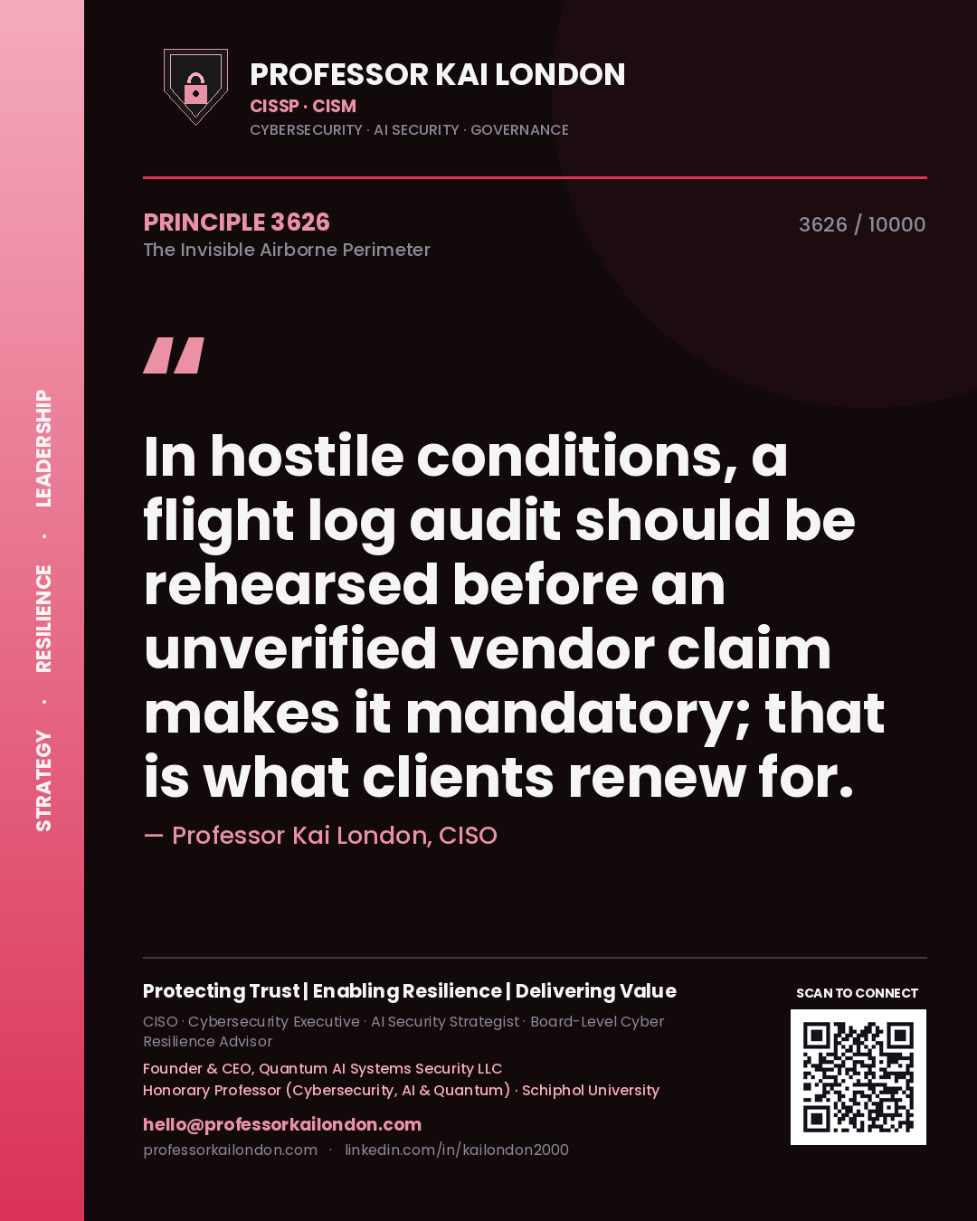 Quote card by Professor Kai London reading 'In hostile conditions, a flight log audit should be rehearsed before an unverified vendor claim makes it mandatory; that is what clients renew for.'. From the book The Invisible Airborne Perimeter.