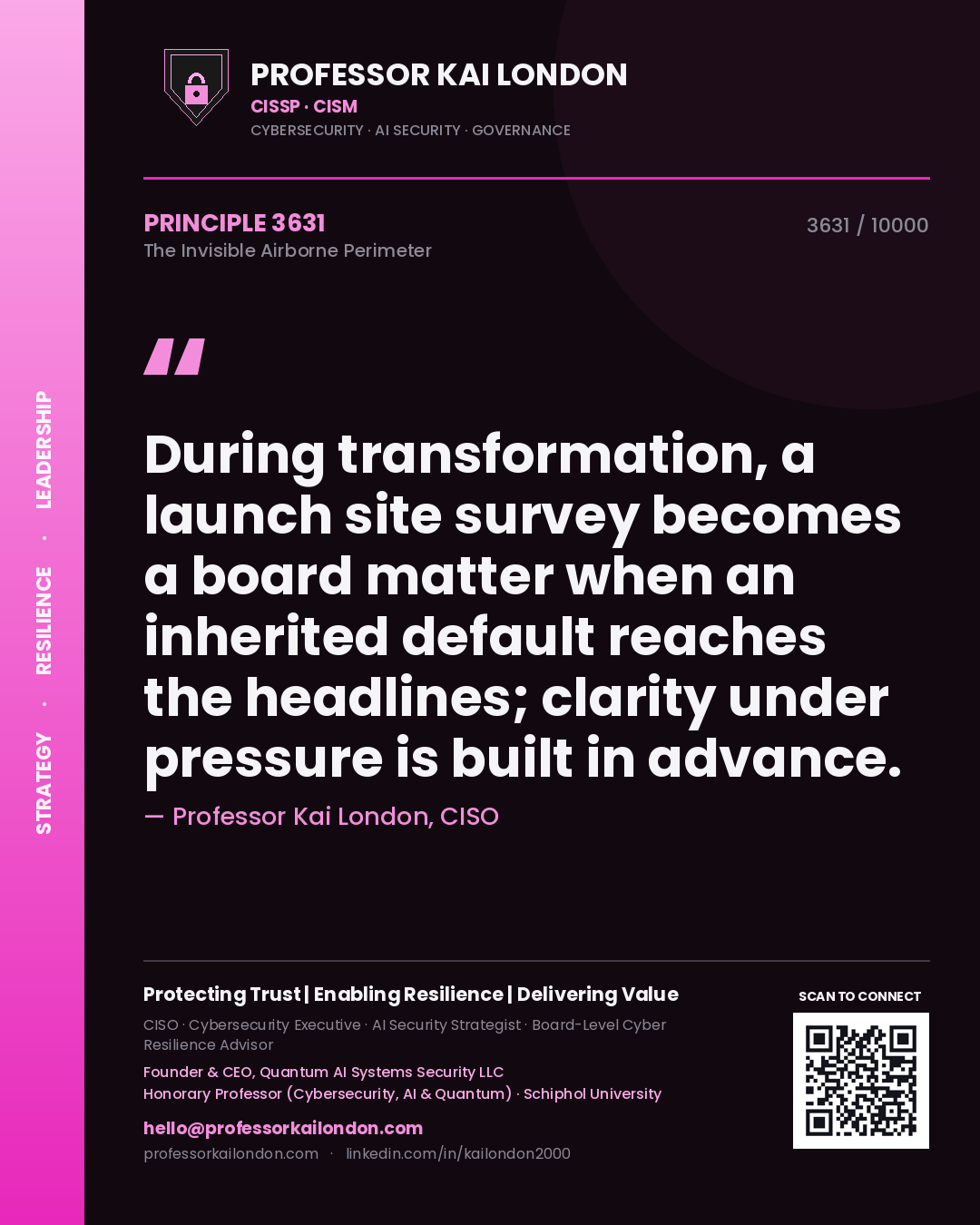 Quote card by Professor Kai London reading 'During transformation, a launch site survey becomes a board matter when an inherited default reaches the headlines; clarity under pressure is built in advance.'. From the book The Invisible Airborne Perimeter.