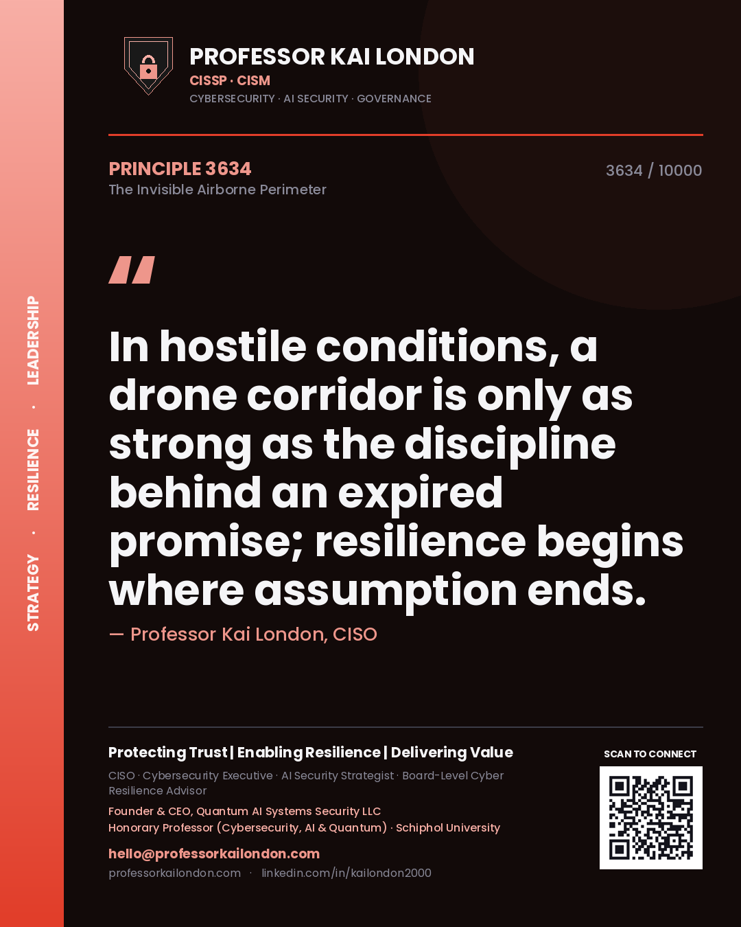 Quote card by Professor Kai London reading 'In hostile conditions, a drone corridor is only as strong as the discipline behind an expired promise; resilience begins where assumption ends.'. From the book The Invisible Airborne Perimeter.