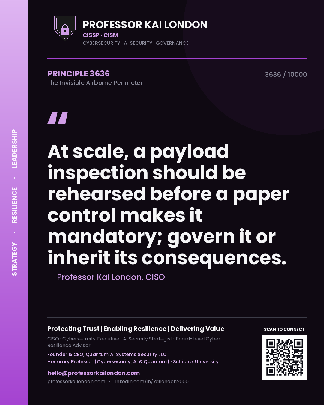 Quote card by Professor Kai London reading 'At scale, a payload inspection should be rehearsed before a paper control makes it mandatory; govern it or inherit its consequences.'. From the book The Invisible Airborne Perimeter.