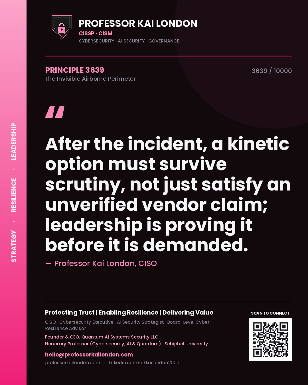 Quote card by Professor Kai London reading 'After the incident, a kinetic option must survive scrutiny, not just satisfy an unverified vendor claim; leadership is proving it before it is demanded.'. From the book The Invisible Airborne Perimeter.