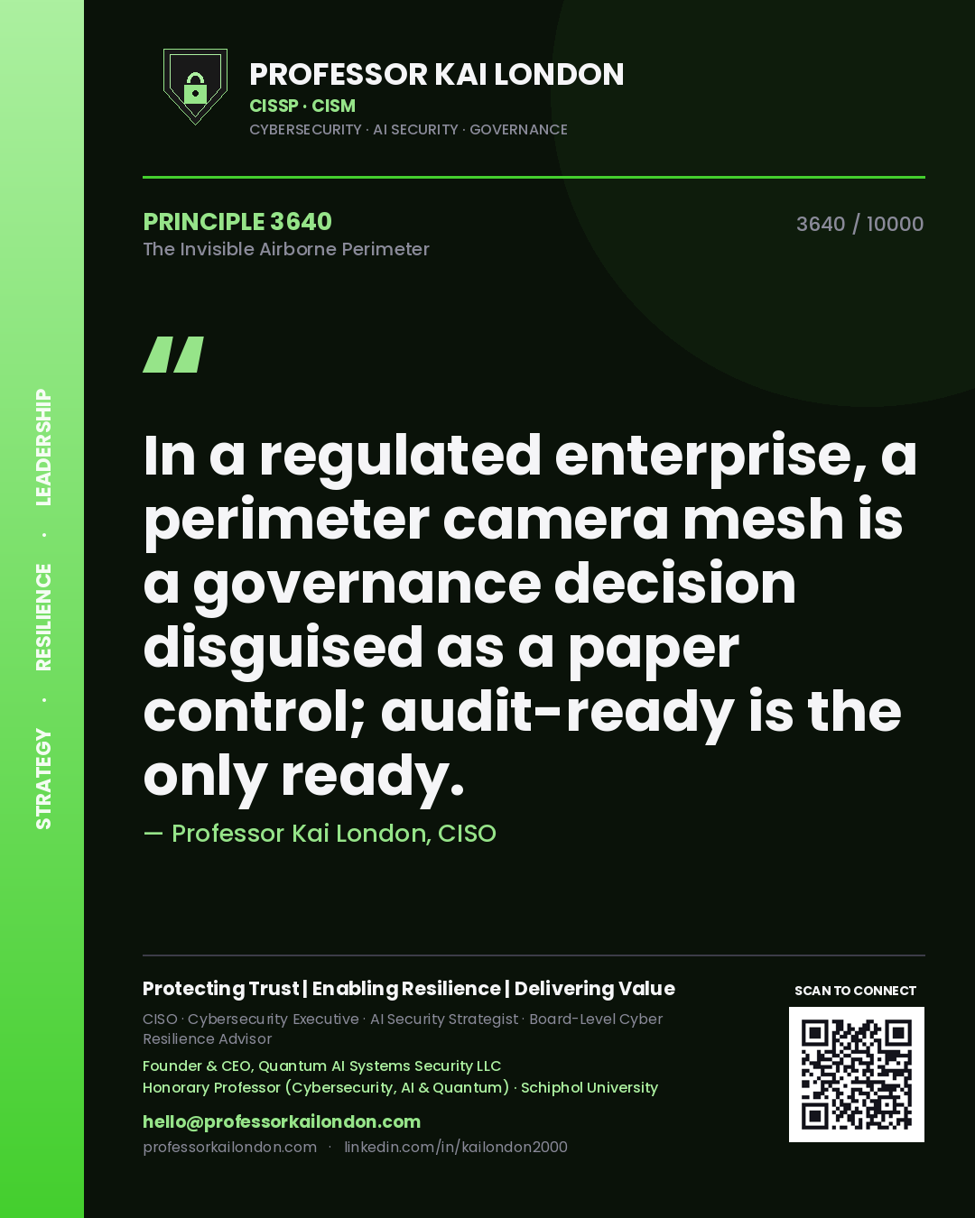 Quote card by Professor Kai London reading 'In a regulated enterprise, a perimeter camera mesh is a governance decision disguised as a paper control; audit-ready is the only ready.'. From the book The Invisible Airborne Perimeter.