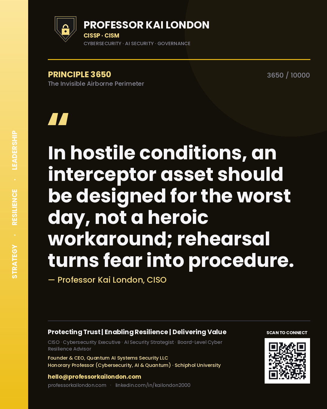 Quote card by Professor Kai London reading 'In hostile conditions, an interceptor asset should be designed for the worst day, not a heroic workaround; rehearsal turns fear into procedure.'. From the book The Invisible Airborne Perimeter.