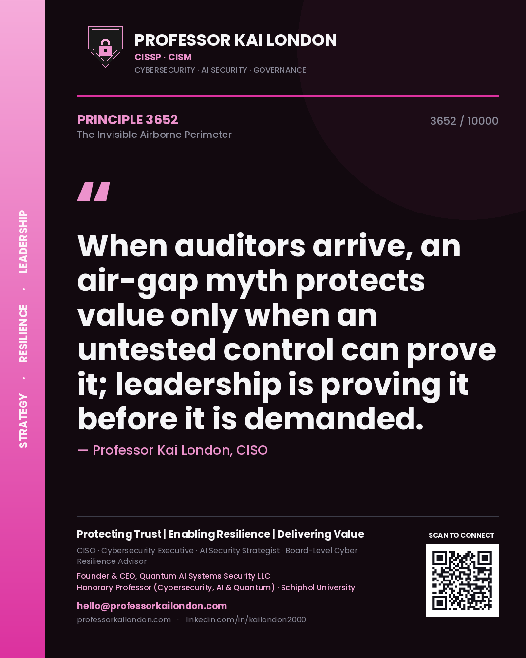 Quote card by Professor Kai London reading 'When auditors arrive, an air-gap myth protects value only when an untested control can prove it; leadership is proving it before it is demanded.'. From the book The Invisible Airborne Perimeter.