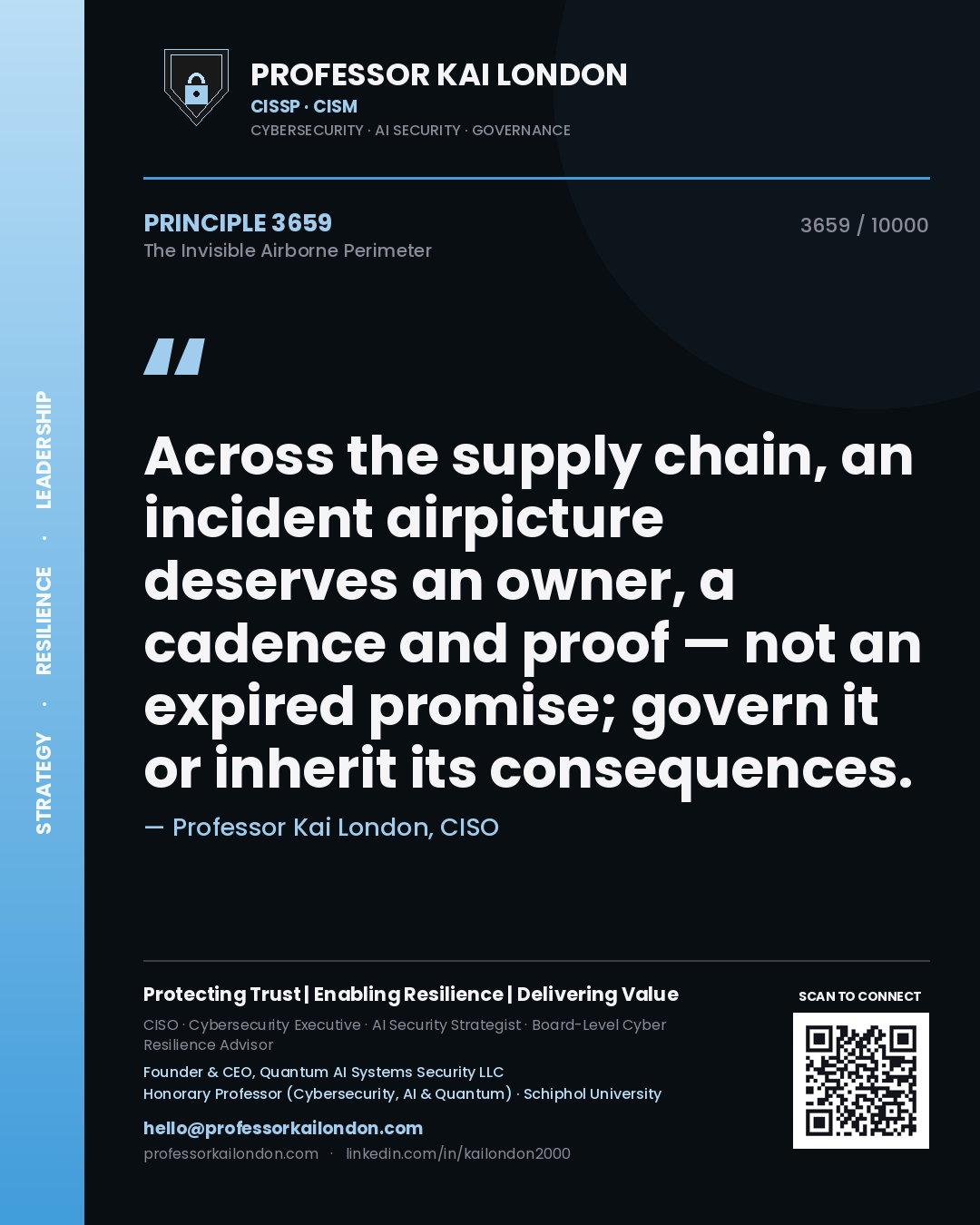 Quote card by Professor Kai London reading 'Across the supply chain, an incident airpicture deserves an owner, a cadence and proof — not an expired promise; govern it or inherit its consequences.'. From the book The Invisible Airborne Perimeter.