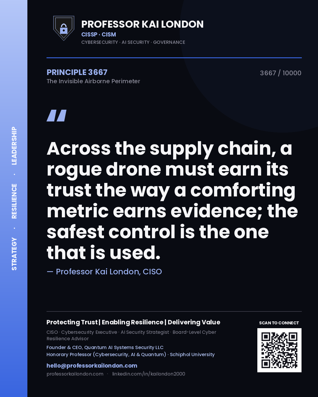Quote card by Professor Kai London reading 'Across the supply chain, a rogue drone must earn its trust the way a comforting metric earns evidence; the safest control is the one that is used.'. From the book The Invisible Airborne Perimeter.