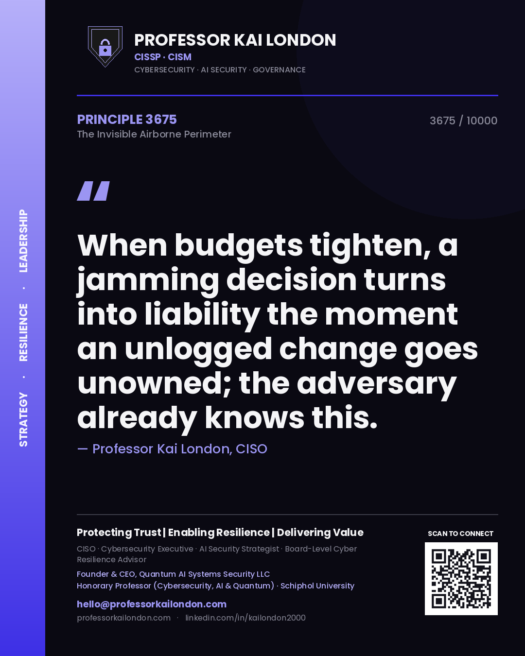 Quote card by Professor Kai London reading 'When budgets tighten, a jamming decision turns into liability the moment an unlogged change goes unowned; the adversary already knows this.'. From the book The Invisible Airborne Perimeter.