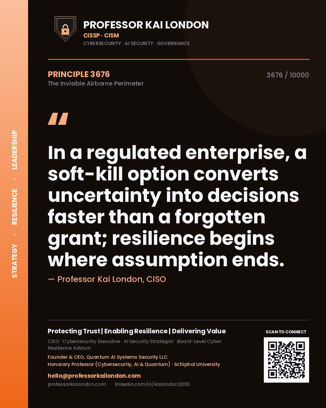 Quote card by Professor Kai London reading 'In a regulated enterprise, a soft-kill option converts uncertainty into decisions faster than a forgotten grant; resilience begins where assumption ends.'. From the book The Invisible Airborne Perimeter.