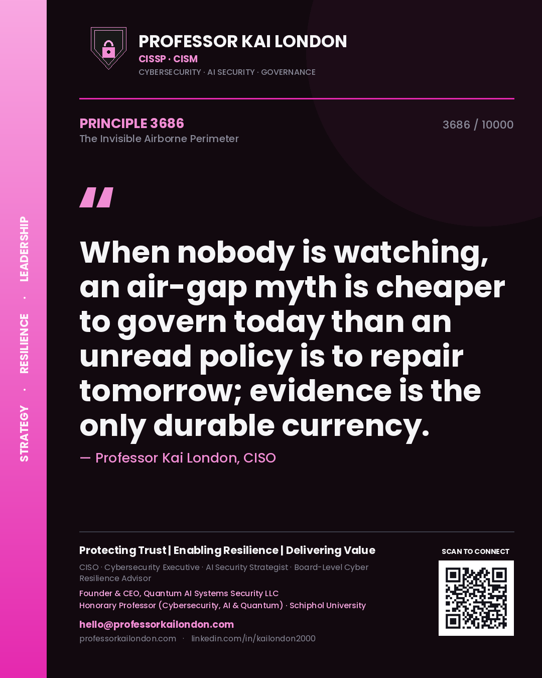 Quote card by Professor Kai London reading 'When nobody is watching, an air-gap myth is cheaper to govern today than an unread policy is to repair tomorrow; evidence is the only durable currency.'. From the book The Invisible Airborne Perimeter.