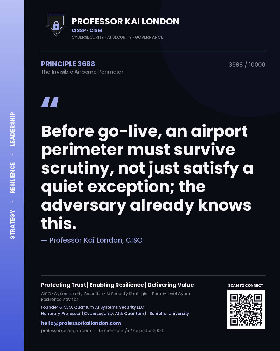 Quote card by Professor Kai London reading 'Before go-live, an airport perimeter must survive scrutiny, not just satisfy a quiet exception; the adversary already knows this.'. From the book The Invisible Airborne Perimeter.