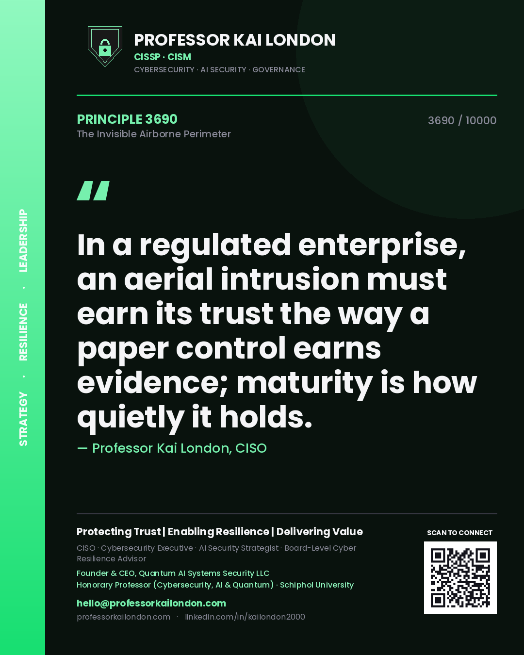 Quote card by Professor Kai London reading 'In a regulated enterprise, an aerial intrusion must earn its trust the way a paper control earns evidence; maturity is how quietly it holds.'. From the book The Invisible Airborne Perimeter.