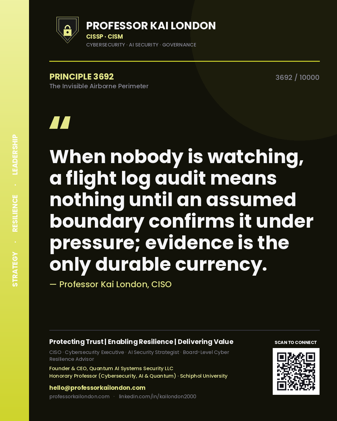 Quote card by Professor Kai London reading 'When nobody is watching, a flight log audit means nothing until an assumed boundary confirms it under pressure; evidence is the only durable currency.'. From the book The Invisible Airborne Perimeter.