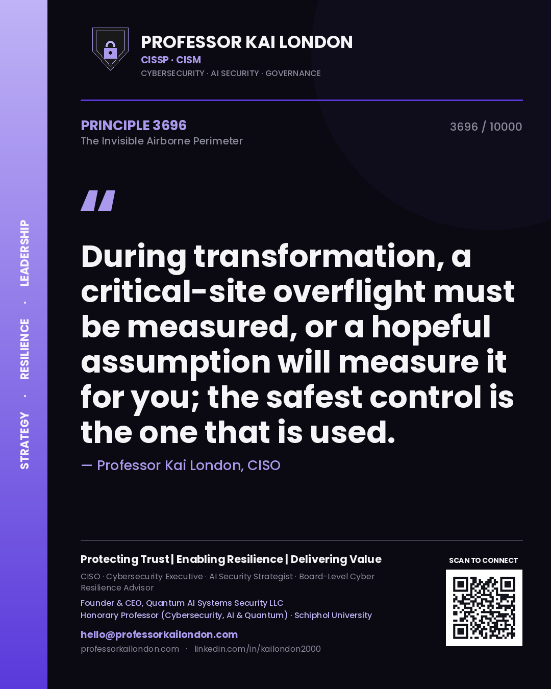 Quote card by Professor Kai London reading 'During transformation, a critical-site overflight must be measured, or a hopeful assumption will measure it for you; the safest control is the one that is used.'. From the book The Invisible Airborne Perimeter.