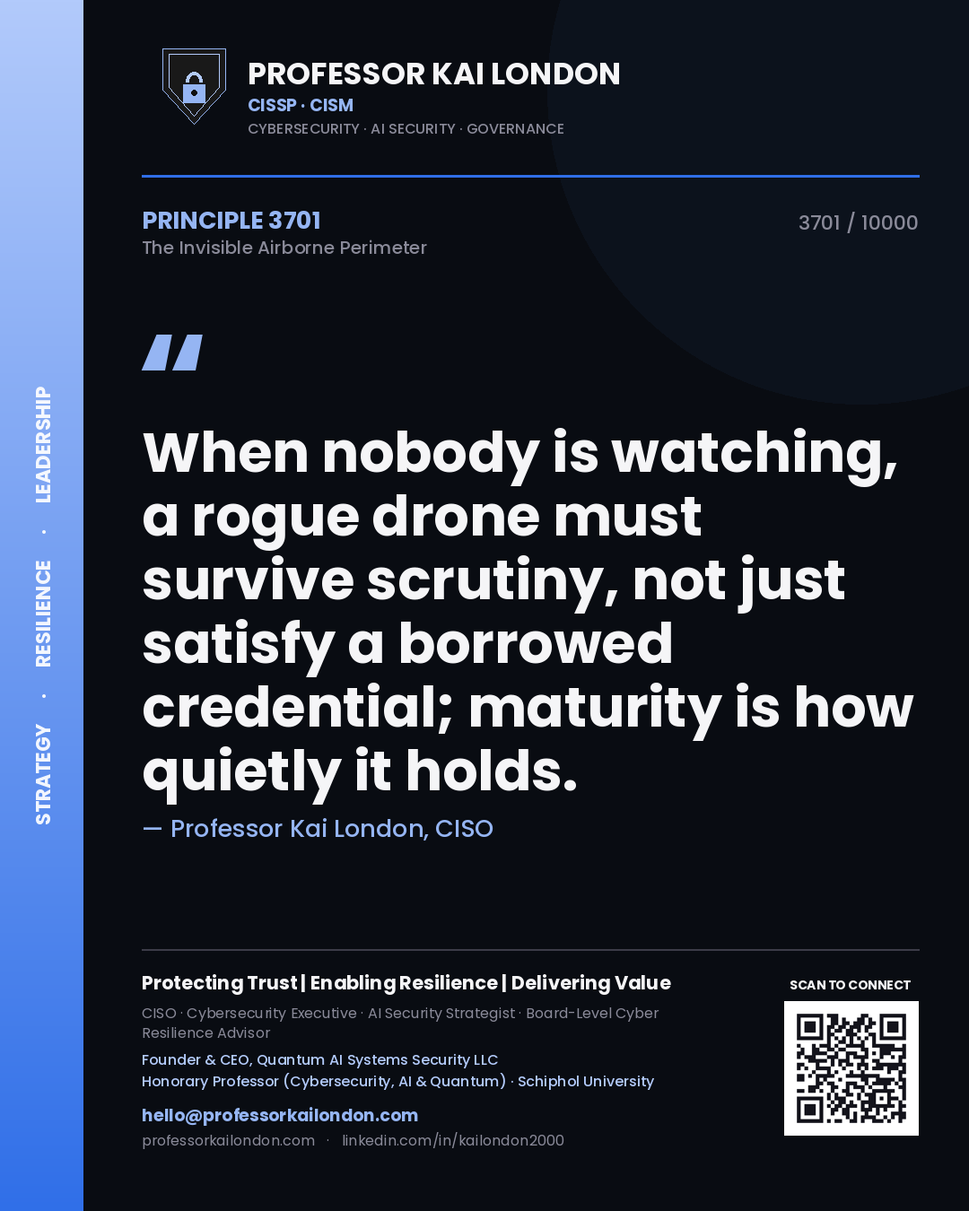Professor Kai London principle 3701: When nobody is watching, a rogue drone must survive scrutiny, not just satisfy a borrowed credential; maturity is how quietly it holds.