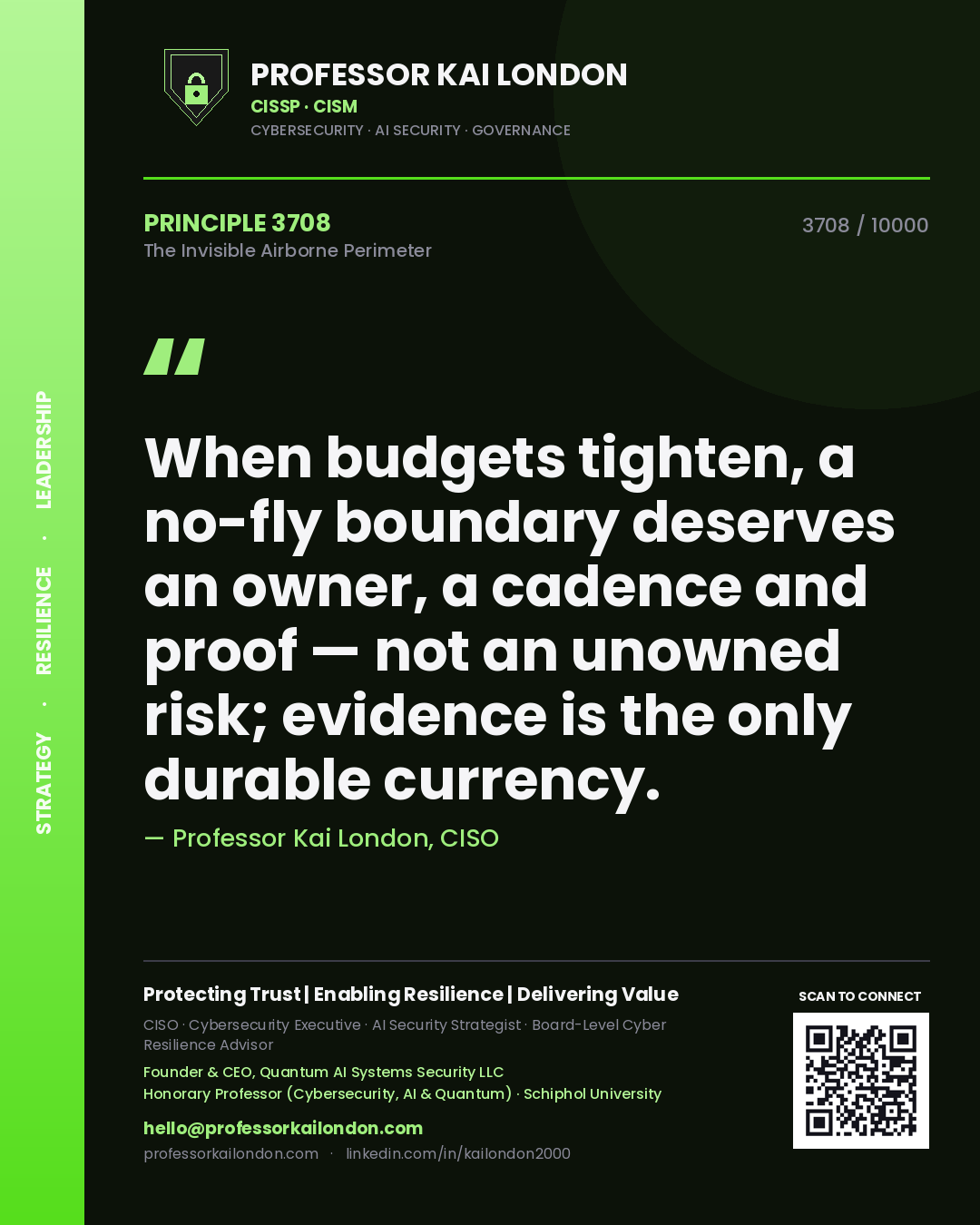 Professor Kai London principle 3708: When budgets tighten, a no-fly boundary deserves an owner, a cadence and proof — not an unowned risk; evidence is the only durable currency.