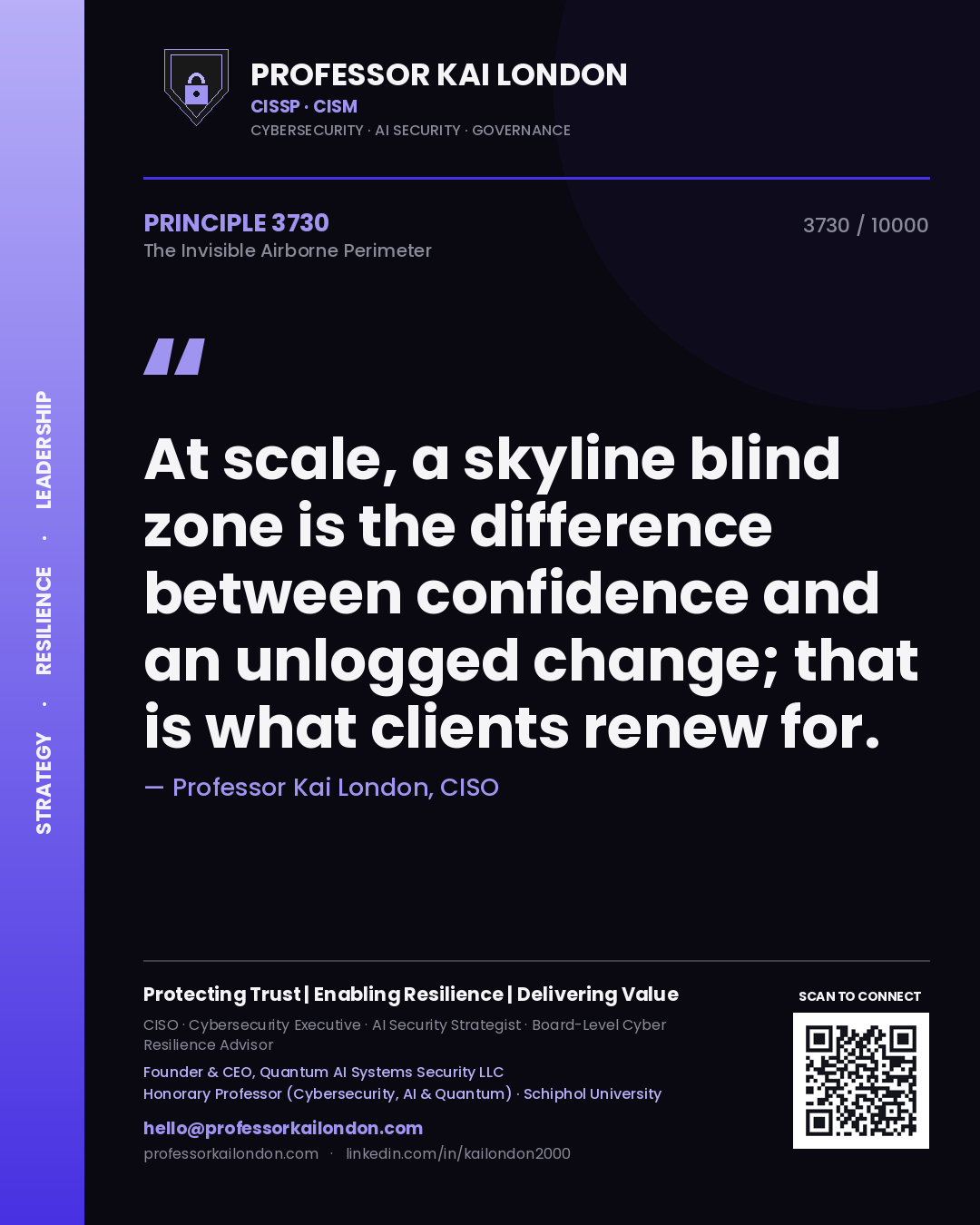 Quote card by Professor Kai London reading 'At scale, a skyline blind zone is the difference between confidence and an unlogged change; that is what clients renew for.'. From the book The Invisible Airborne Perimeter.