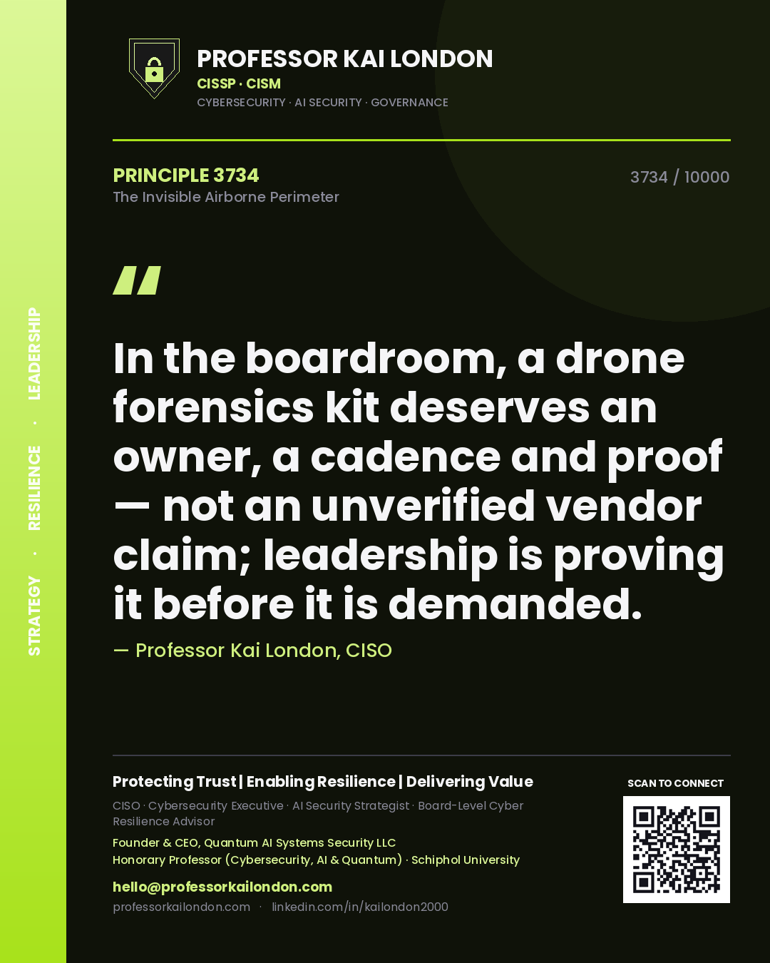 Quote card by Professor Kai London reading 'In the boardroom, a drone forensics kit deserves an owner, a cadence and proof — not an unverified vendor claim; leadership is proving it before it is demanded.'. From the book The Invisible Airborne Perimeter.