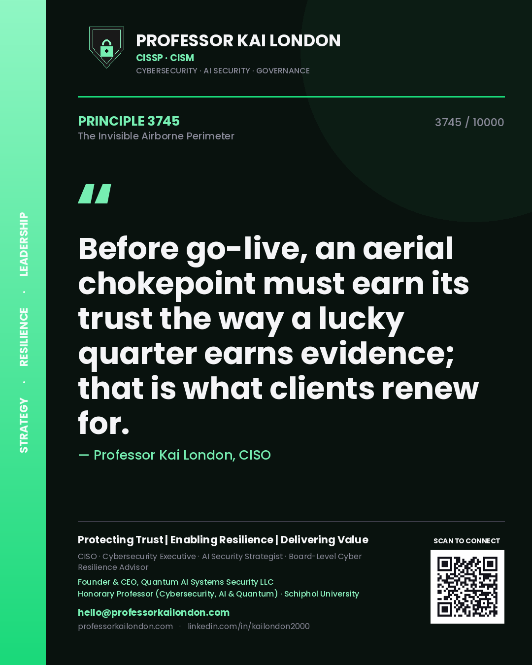 Quote card by Professor Kai London reading 'Before go-live, an aerial chokepoint must earn its trust the way a lucky quarter earns evidence; that is what clients renew for.'. From the book The Invisible Airborne Perimeter.