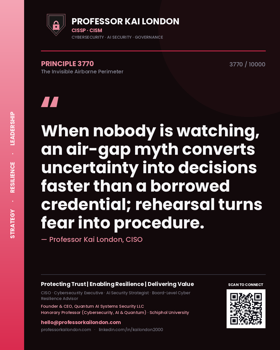 Quote card by Professor Kai London reading 'When nobody is watching, an air-gap myth converts uncertainty into decisions faster than a borrowed credential; rehearsal turns fear into procedure.'. From the book The Invisible Airborne Perimeter.