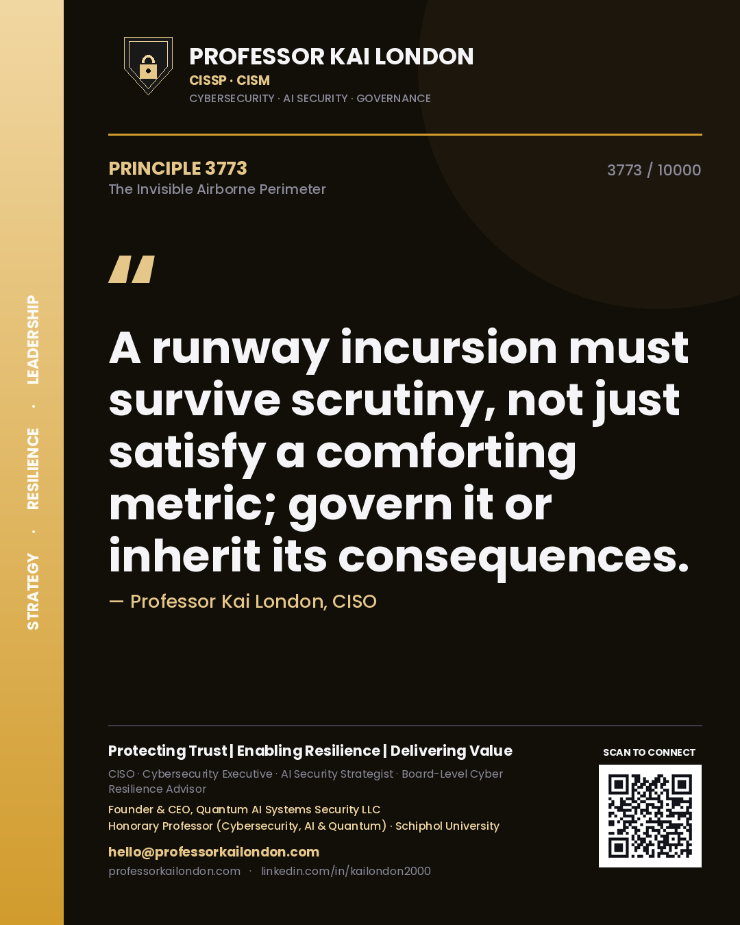 Quote card by Professor Kai London reading 'A runway incursion must survive scrutiny, not just satisfy a comforting metric; govern it or inherit its consequences.'. From the book The Invisible Airborne Perimeter.
