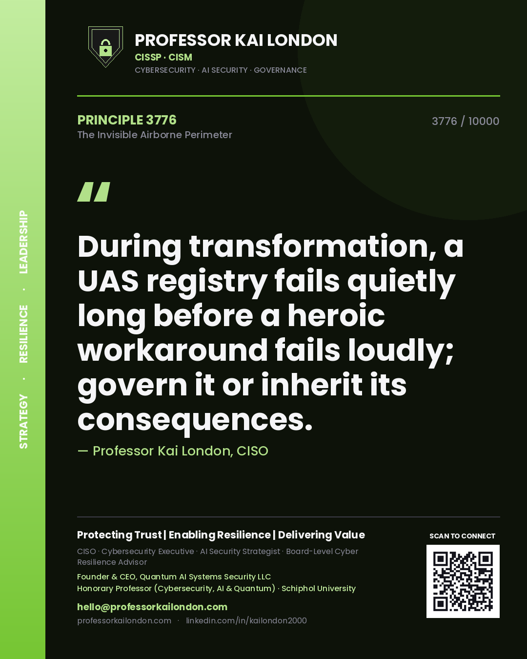 Quote card by Professor Kai London reading 'During transformation, a UAS registry fails quietly long before a heroic workaround fails loudly; govern it or inherit its consequences.'. From the book The Invisible Airborne Perimeter.