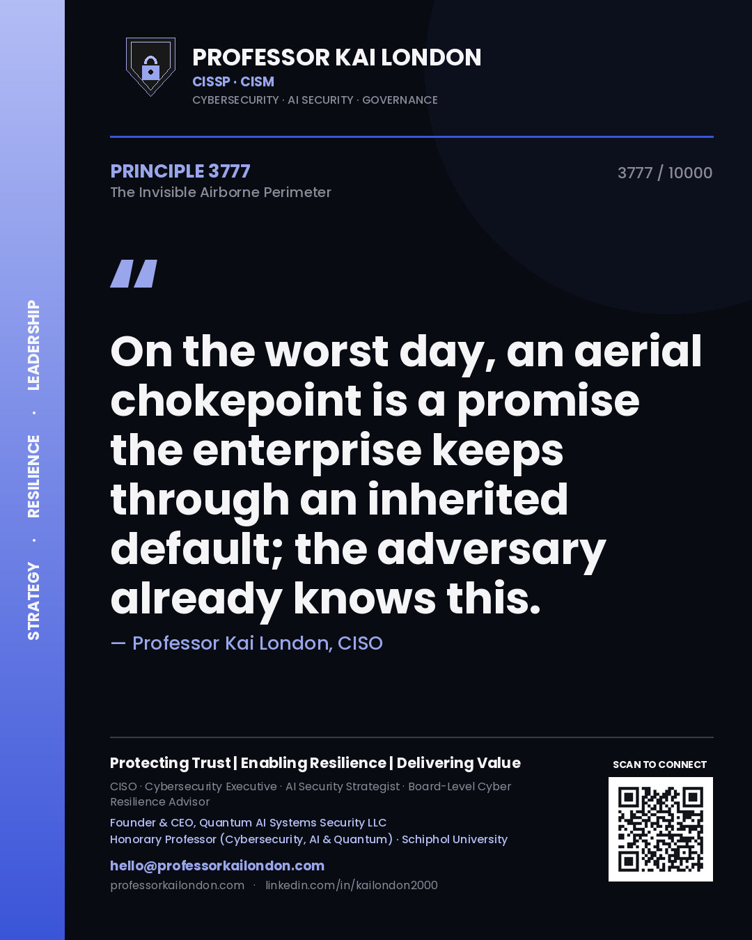 Quote card by Professor Kai London reading 'On the worst day, an aerial chokepoint is a promise the enterprise keeps through an inherited default; the adversary already knows this.'. From the book The Invisible Airborne Perimeter.