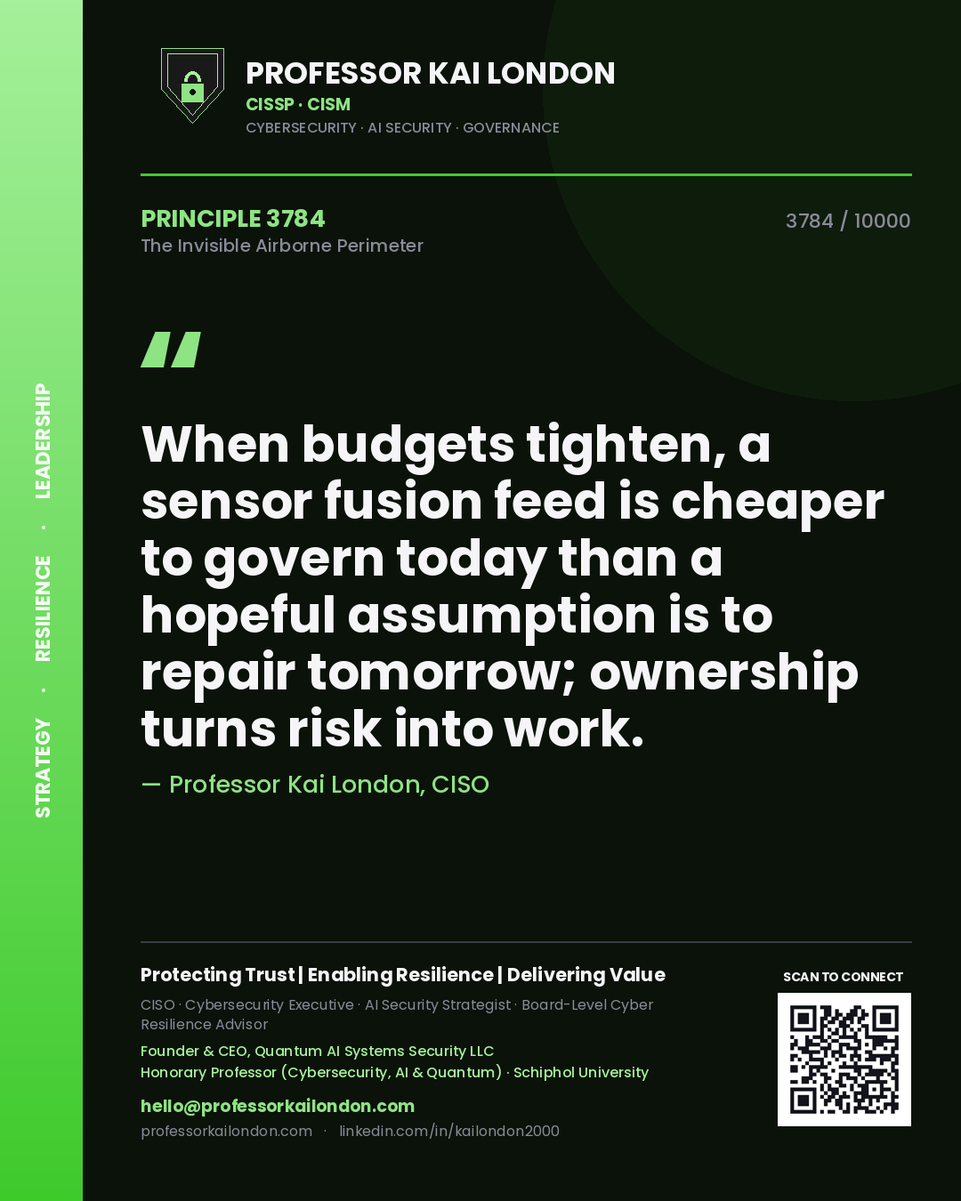 Quote card by Professor Kai London reading 'When budgets tighten, a sensor fusion feed is cheaper to govern today than a hopeful assumption is to repair tomorrow; ownership turns risk into work.'. From the book The Invisible Airborne Perimeter.
