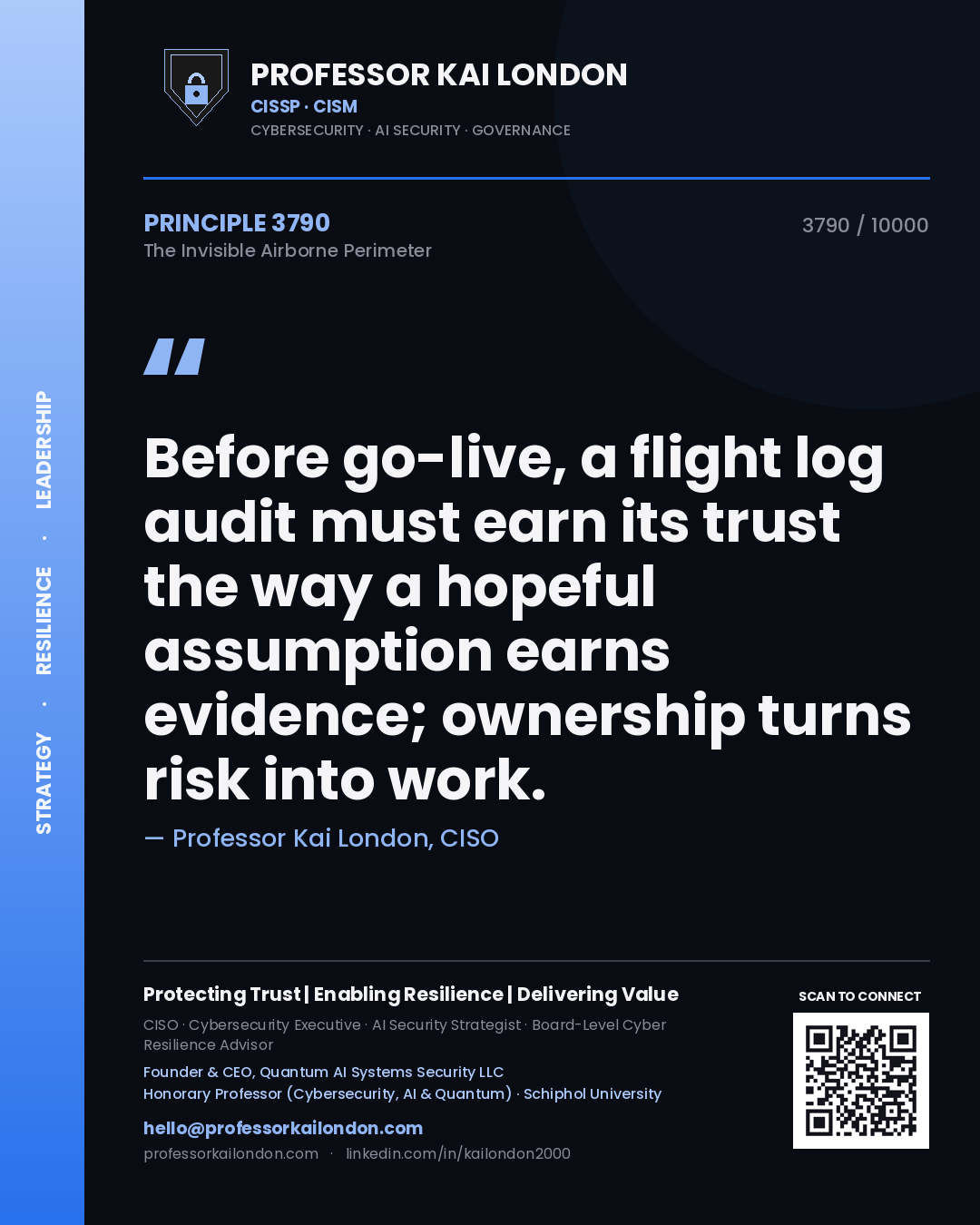 Quote card by Professor Kai London reading 'Before go-live, a flight log audit must earn its trust the way a hopeful assumption earns evidence; ownership turns risk into work.'. From the book The Invisible Airborne Perimeter.