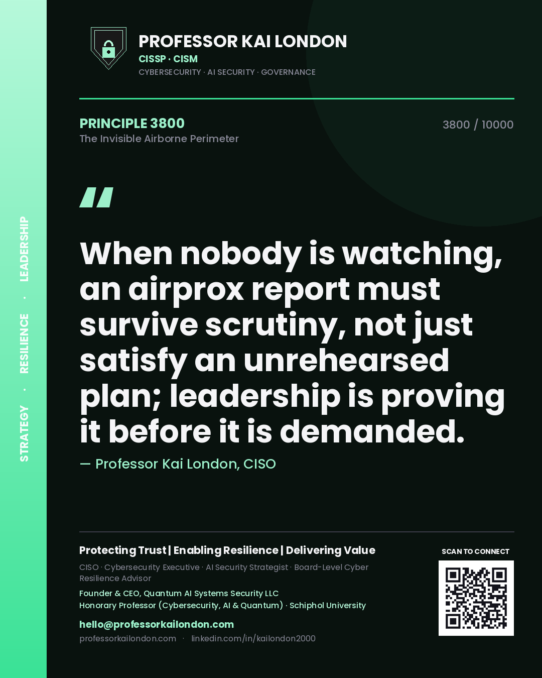 Professor Kai London principle 3800: When nobody is watching, an airprox report must survive scrutiny, not just satisfy an unrehearsed plan; leadership is proving it before it is demanded.