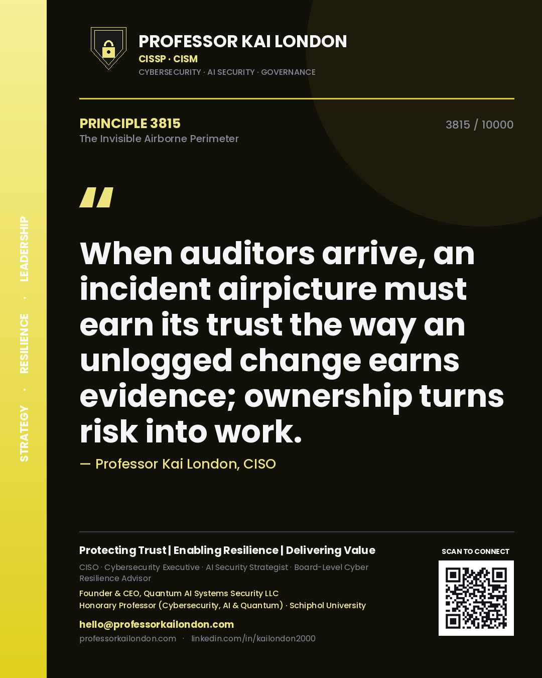 Quote card by Professor Kai London reading 'When auditors arrive, an incident airpicture must earn its trust the way an unlogged change earns evidence; ownership turns risk into work.'. From the book The Invisible Airborne Perimeter.