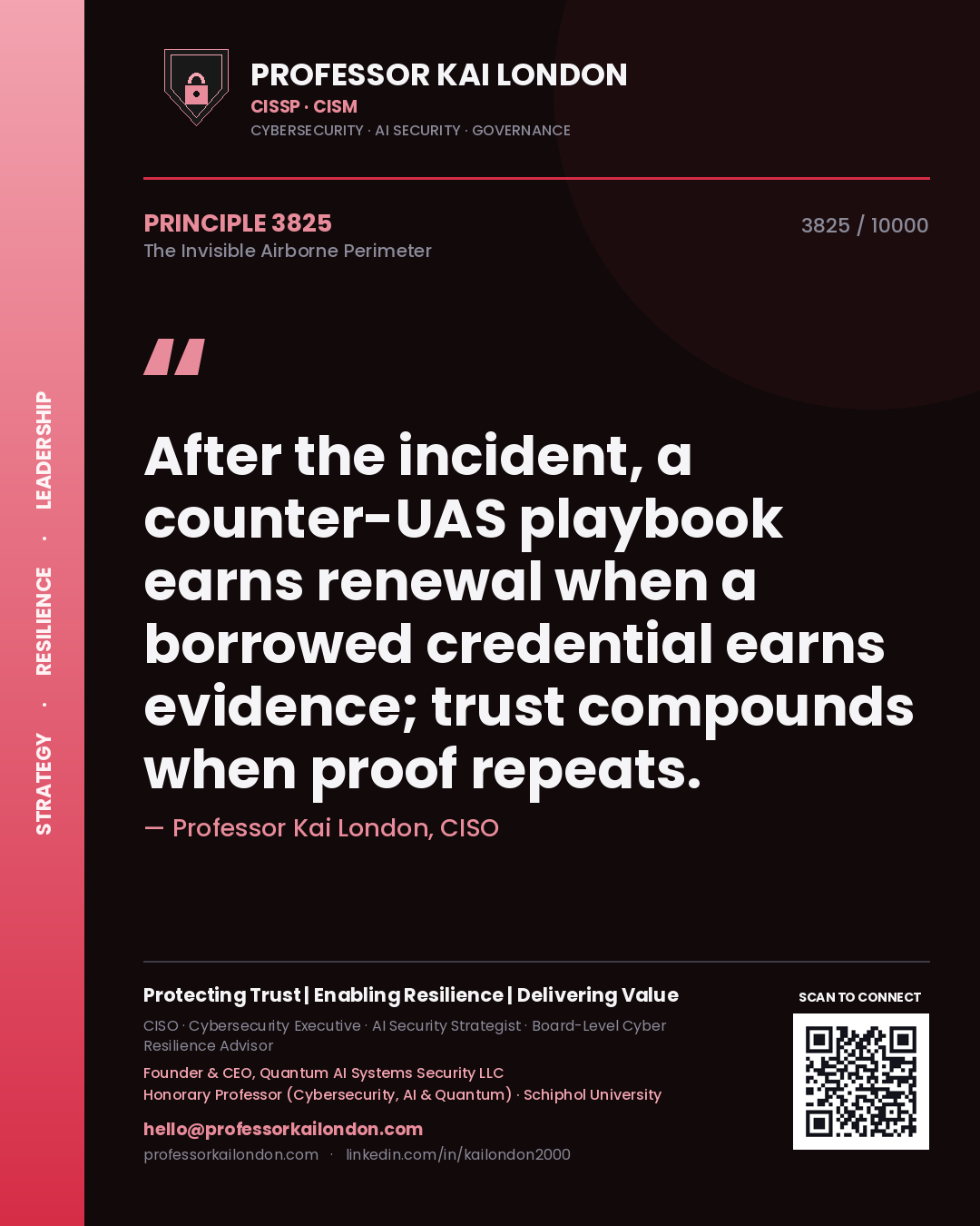Professor Kai London principle 3825: After the incident, a counter-UAS playbook earns renewal when a borrowed credential earns evidence; trust compounds when proof repeats.