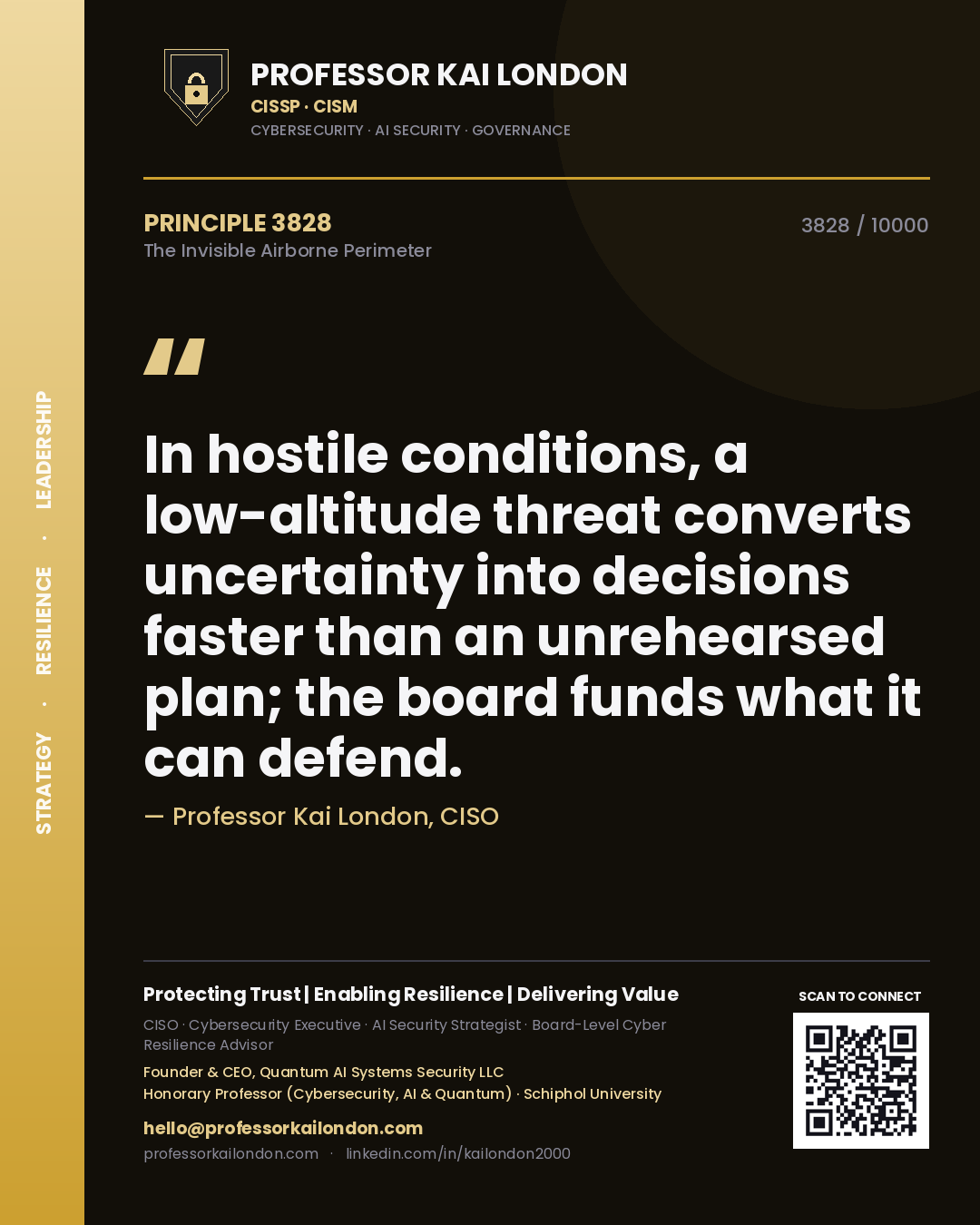 Quote card by Professor Kai London reading 'In hostile conditions, a low-altitude threat converts uncertainty into decisions faster than an unrehearsed plan; the board funds what it can defend.'. From the book The Invisible Airborne Perimeter.