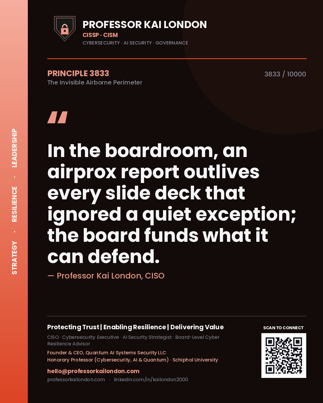 Quote card by Professor Kai London reading 'In the boardroom, an airprox report outlives every slide deck that ignored a quiet exception; the board funds what it can defend.'. From the book The Invisible Airborne Perimeter.
