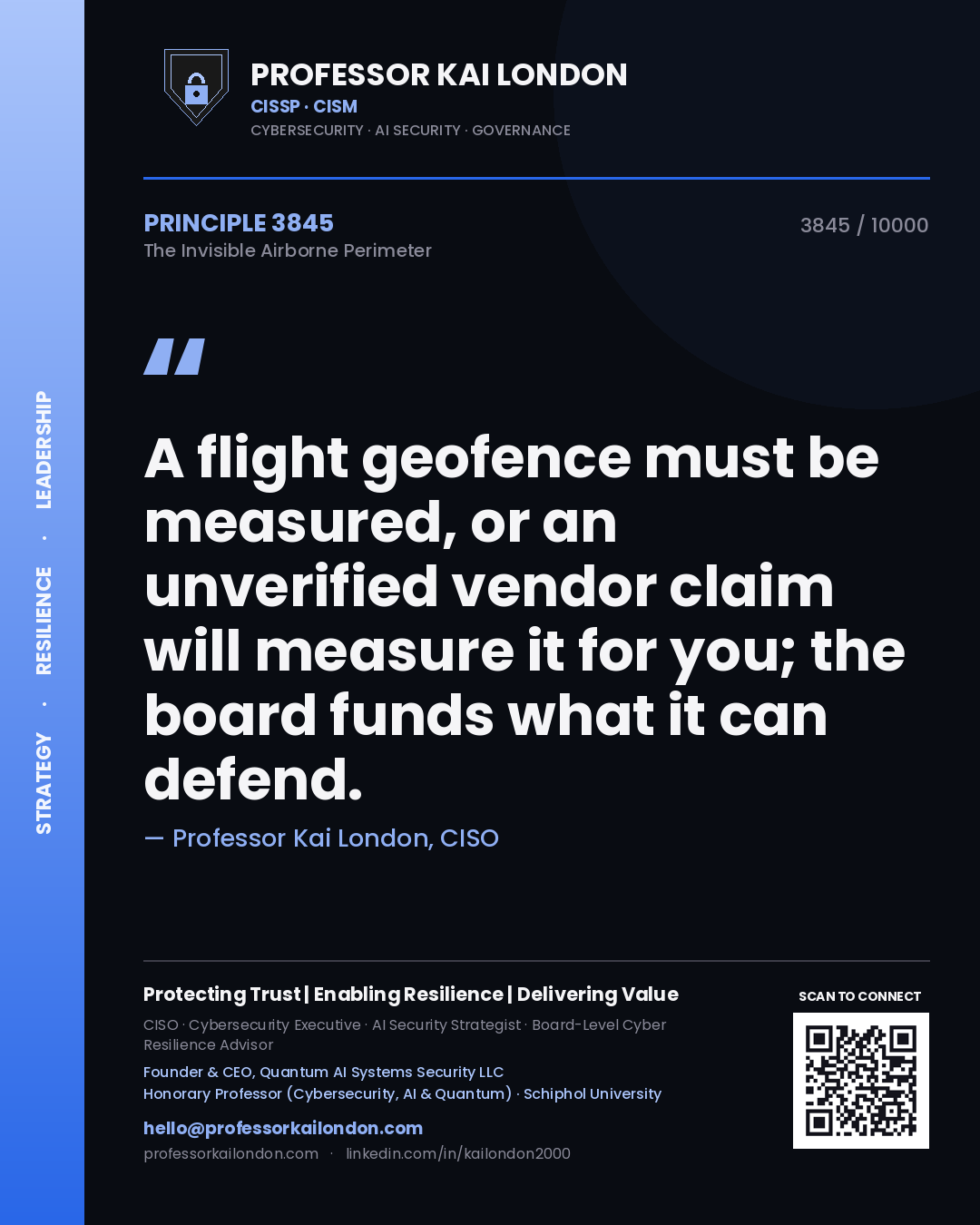 Quote card by Professor Kai London reading 'A flight geofence must be measured, or an unverified vendor claim will measure it for you; the board funds what it can defend.'. From the book The Invisible Airborne Perimeter.