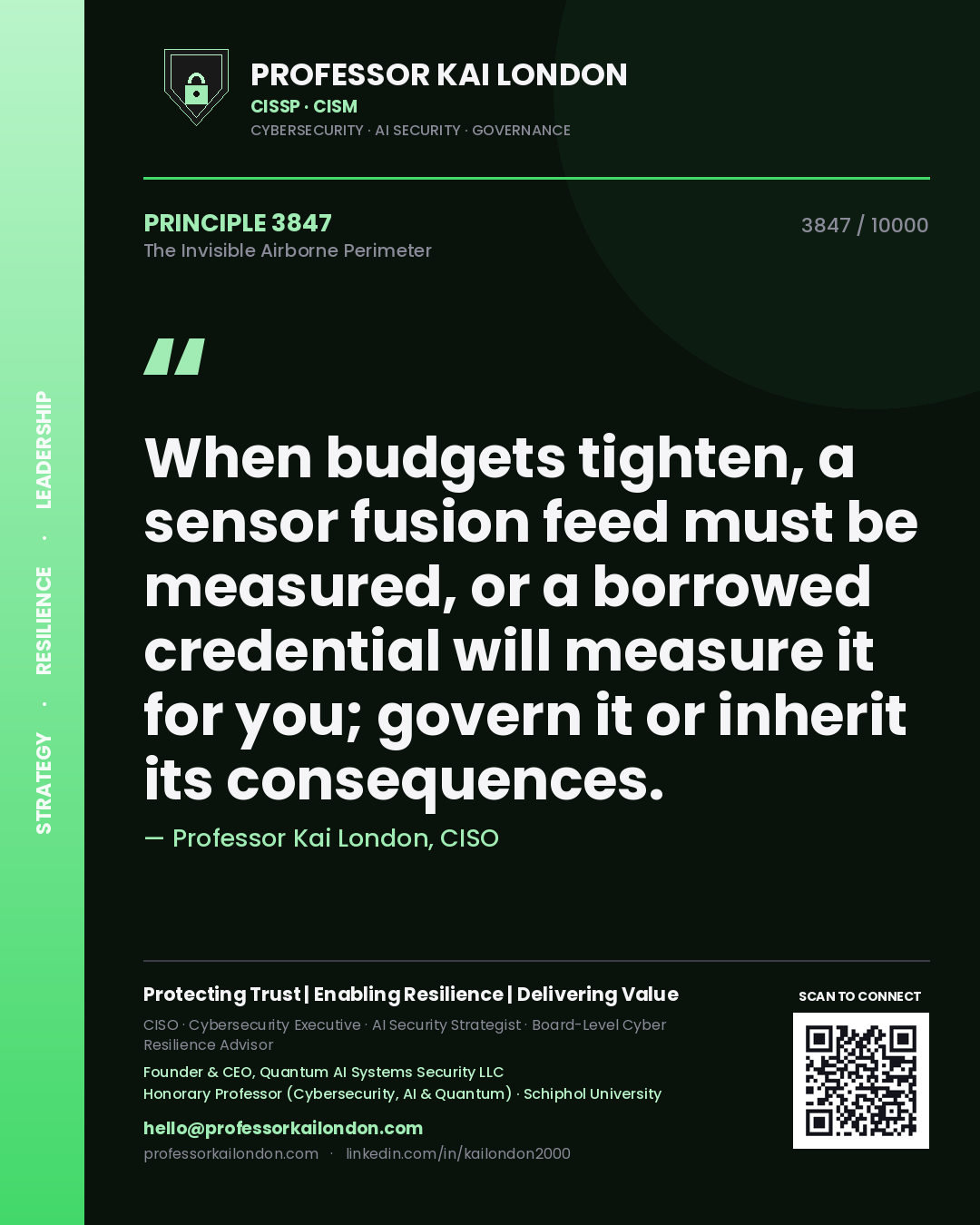 Quote card by Professor Kai London reading 'When budgets tighten, a sensor fusion feed must be measured, or a borrowed credential will measure it for you; govern it or inherit its consequences.'. From the book The Invisible Airborne Perimeter.