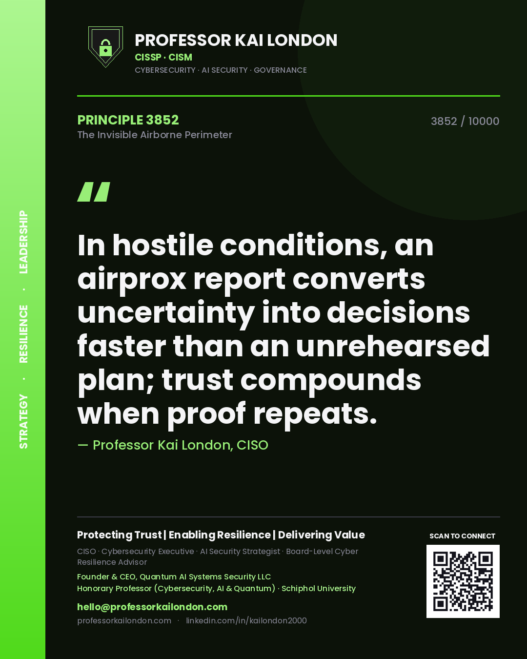 Quote card by Professor Kai London reading 'In hostile conditions, an airprox report converts uncertainty into decisions faster than an unrehearsed plan; trust compounds when proof repeats.'. From the book The Invisible Airborne Perimeter.
