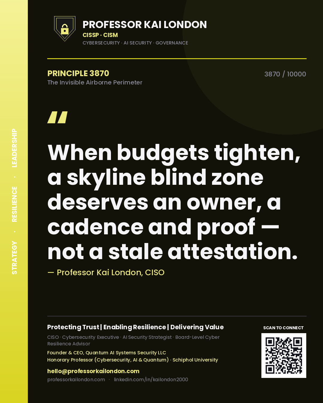 Professor Kai London principle 3870: When budgets tighten, a skyline blind zone deserves an owner, a cadence and proof — not a stale attestation.