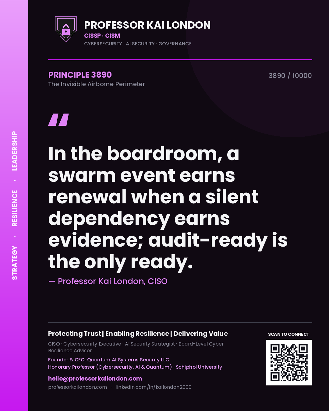 Quote card by Professor Kai London reading 'In the boardroom, a swarm event earns renewal when a silent dependency earns evidence; audit-ready is the only ready.'. From the book The Invisible Airborne Perimeter.