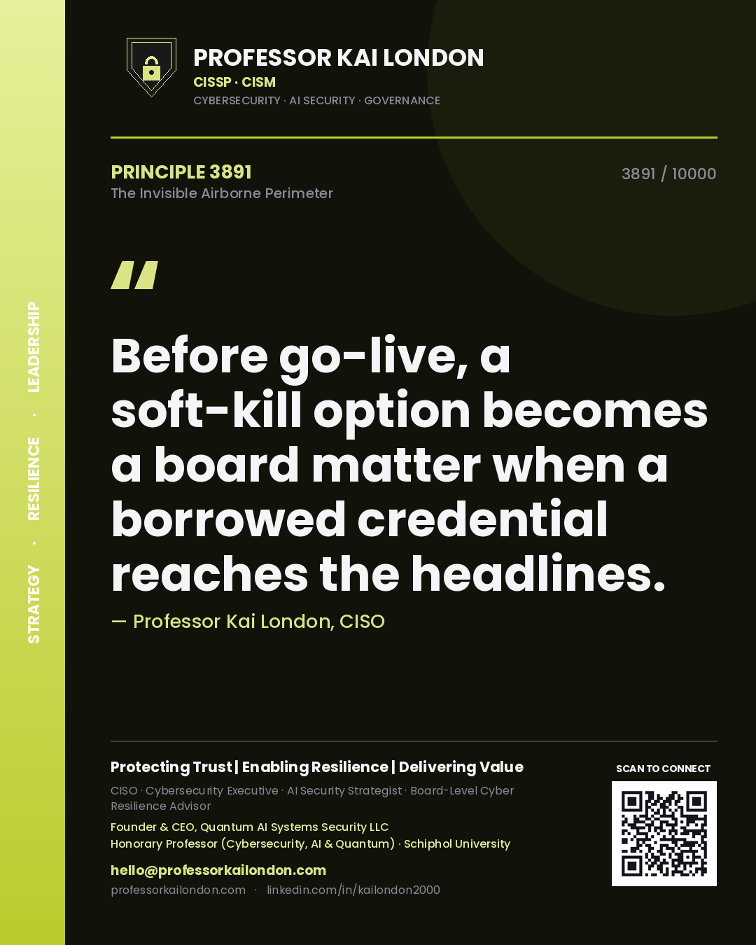 Quote card by Professor Kai London reading 'Before go-live, a soft-kill option becomes a board matter when a borrowed credential reaches the headlines.'. From the book The Invisible Airborne Perimeter.